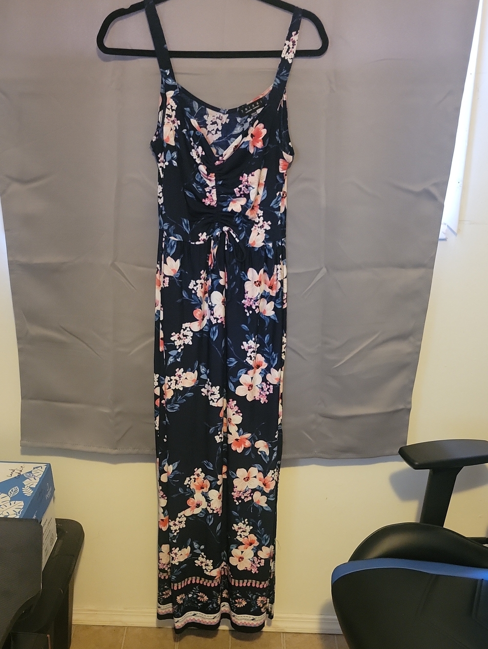 Navy Floral Maxi Dress with Pink & Cream Blossoms
